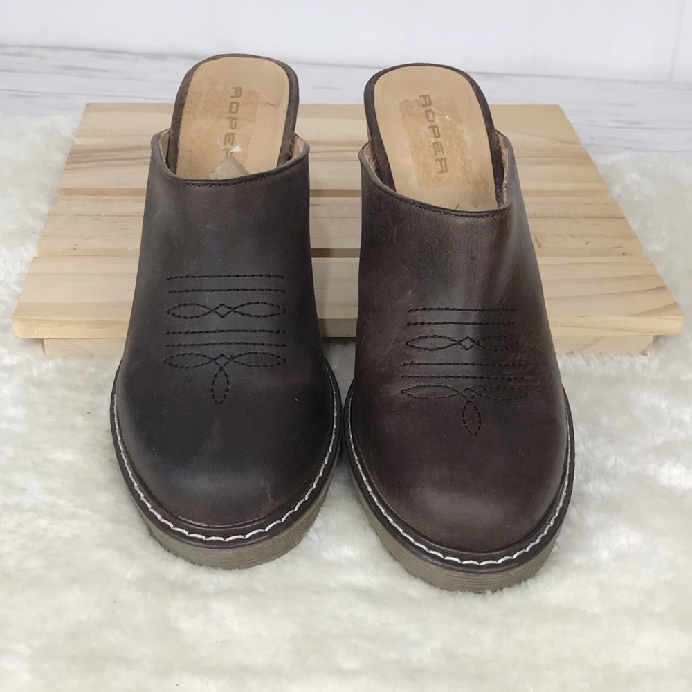 Roper Women Brown Leather Slip On Mules -Round Toe - Picture 1 of 4
